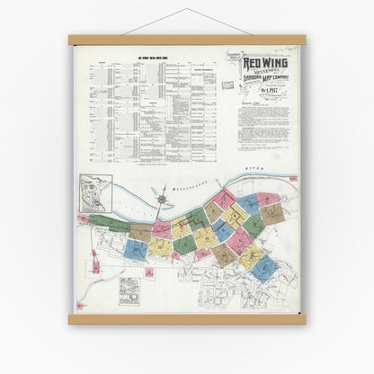 Old map wall art mockup — magnetic wood frame on white wall — Sanborn Fire Insurance Map from Red Wing, Goodhue County, Minnesota (1917) - Complete Map Set