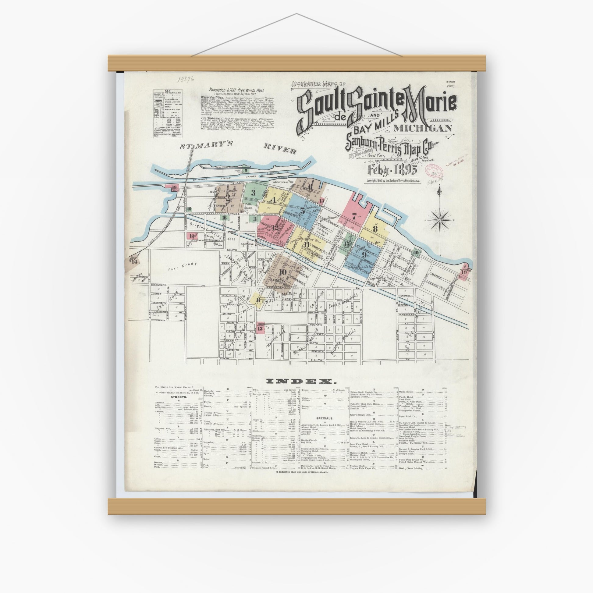 Old map wall art mockup — magnetic wood frame on white wall — Sanborn Fire Insurance Map from Sault Sainte Marie, Chippewa County, Michigan (1895) - Complete Map Set