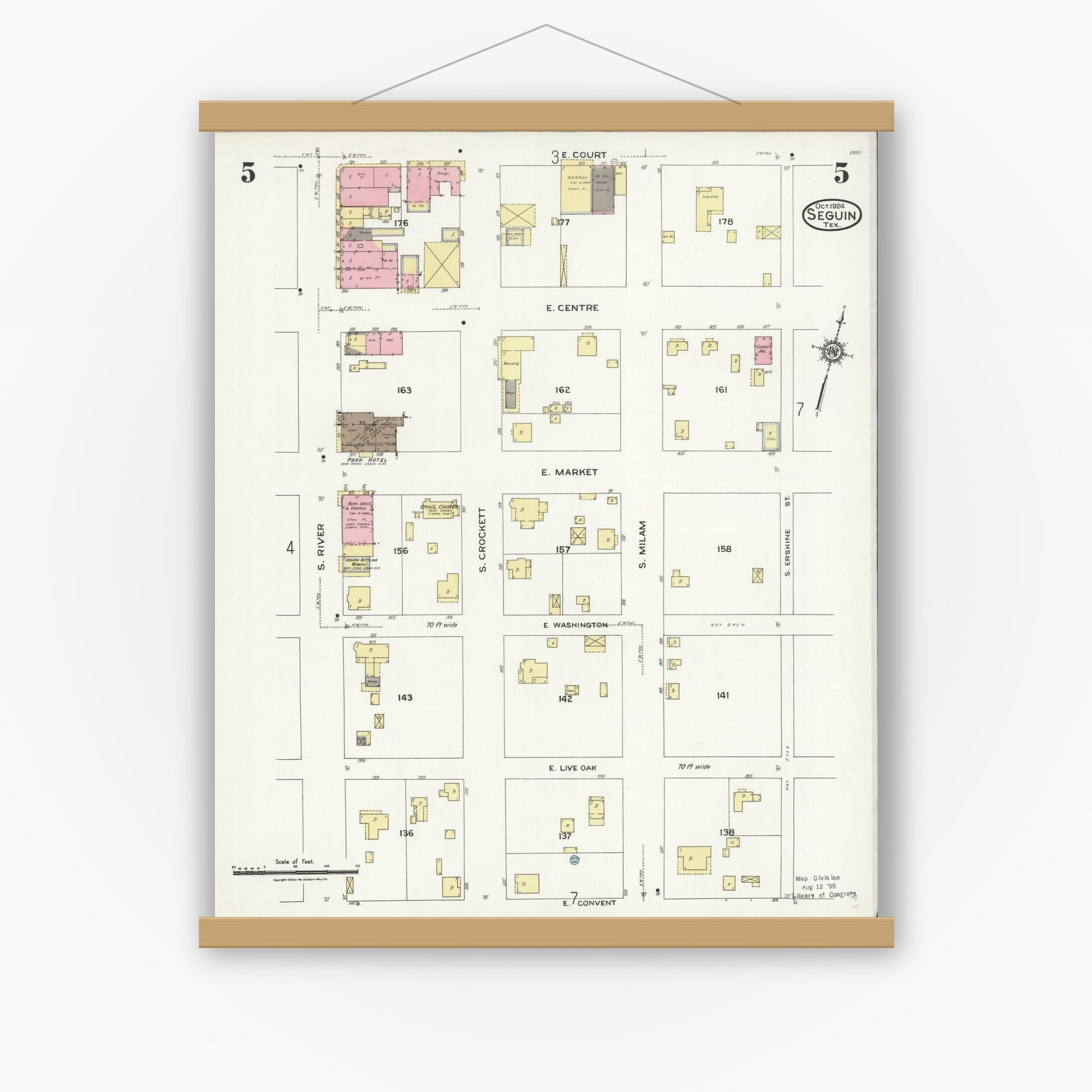 Old map wall art mockup — magnetic wood frame on white wall — Sanborn Fire Insurance Map from Seguin, Guadalupe County, Texas (1924), Sheet #0005