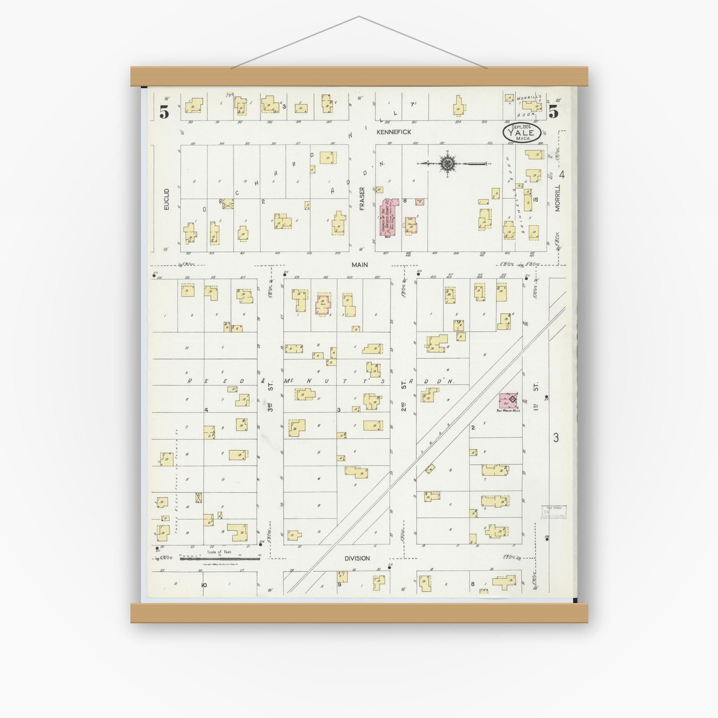 Old map wall art mockup — magnetic wood frame on white wall — Sanborn Fire Insurance Map from Yale, Saint Clair County, Michigan (1924), Sheet #0005