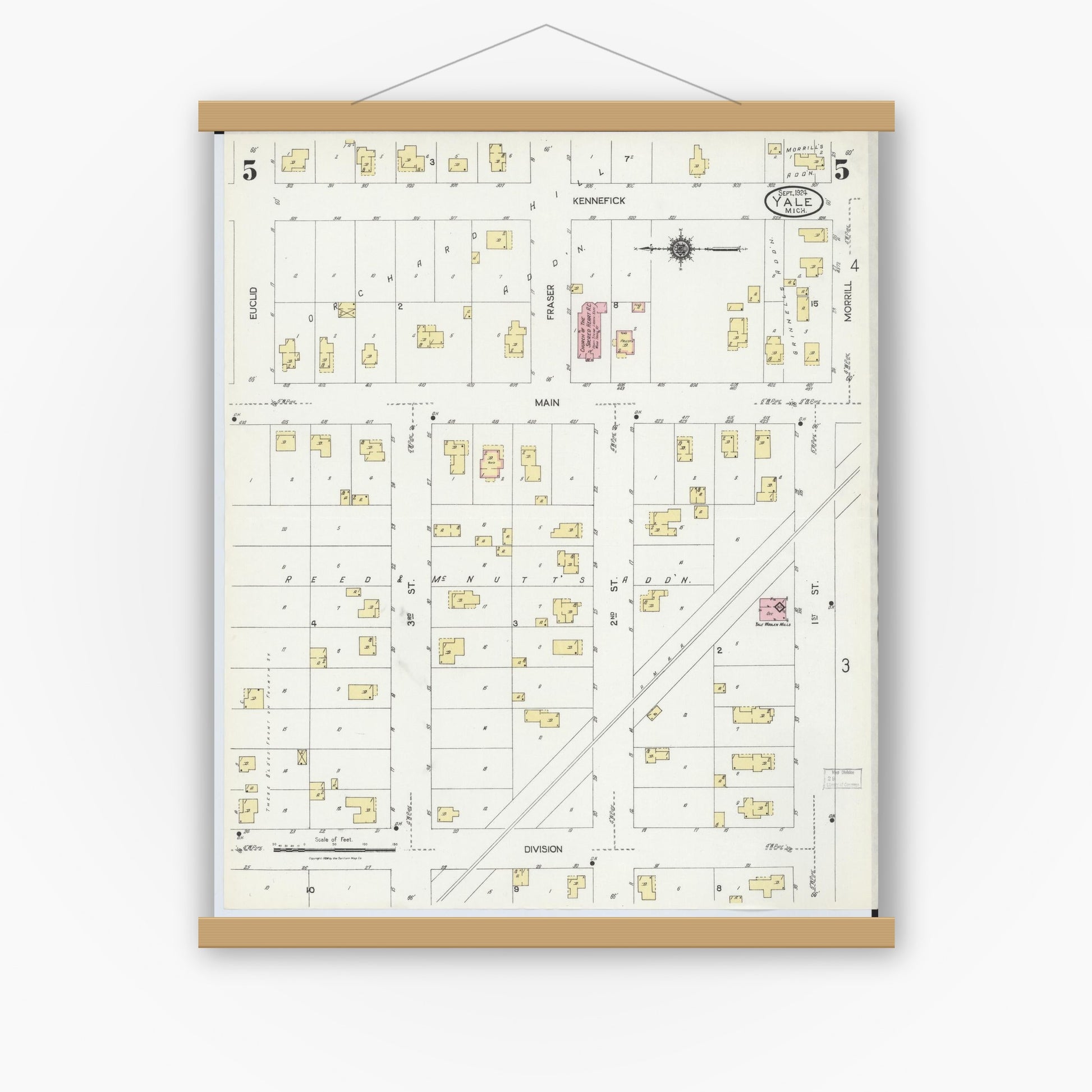 Old map wall art mockup — magnetic wood frame on white wall — Sanborn Fire Insurance Map from Yale, Saint Clair County, Michigan (1924), Sheet #0005