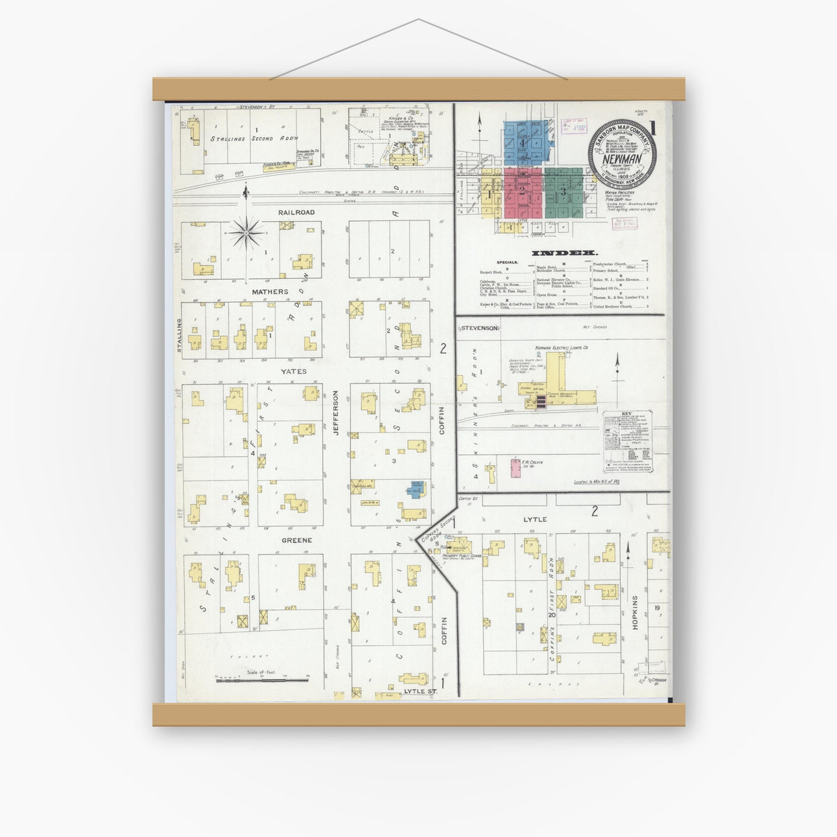Old map wall art mockup — magnetic wood frame on white wall — Sanborn Fire Insurance Map from Newman, Douglas County, Illinois (1909) - Complete Map Set