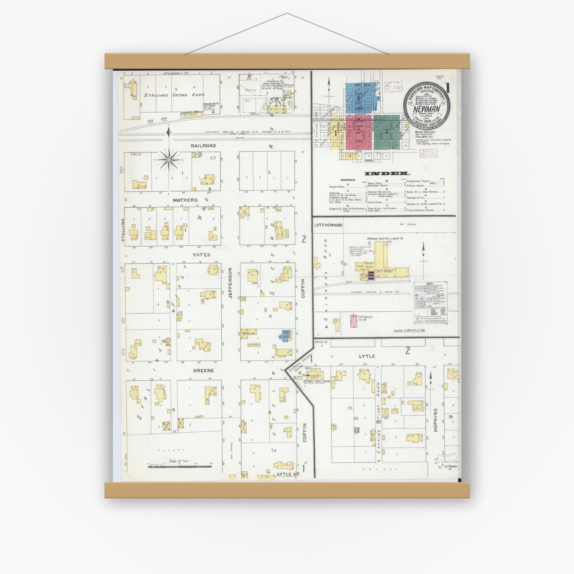Old map wall art mockup — magnetic wood frame on white wall — Sanborn Fire Insurance Map from Newman, Douglas County, Illinois (1909) - Complete Map Set