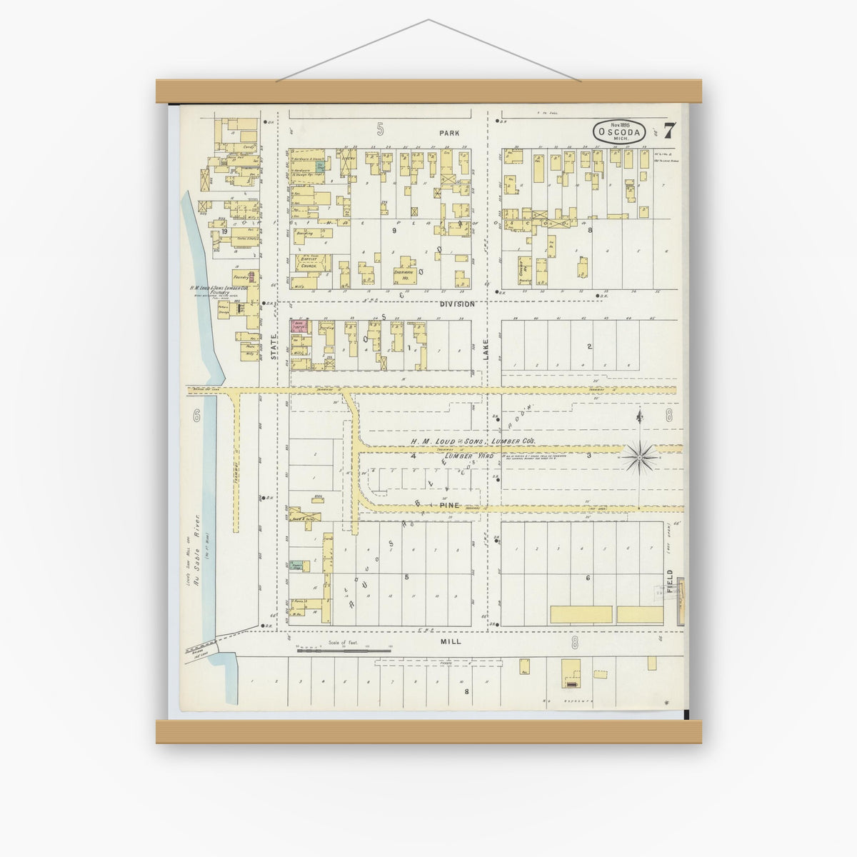 Old map wall art mockup — magnetic wood frame on white wall — Sanborn Fire Insurance Map from Oscoda, Iosco County, Michigan (1895), Sheet #0007
