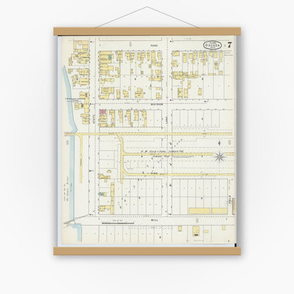 Old map wall art mockup — magnetic wood frame on white wall — Sanborn Fire Insurance Map from Oscoda, Iosco County, Michigan (1895), Sheet #0007