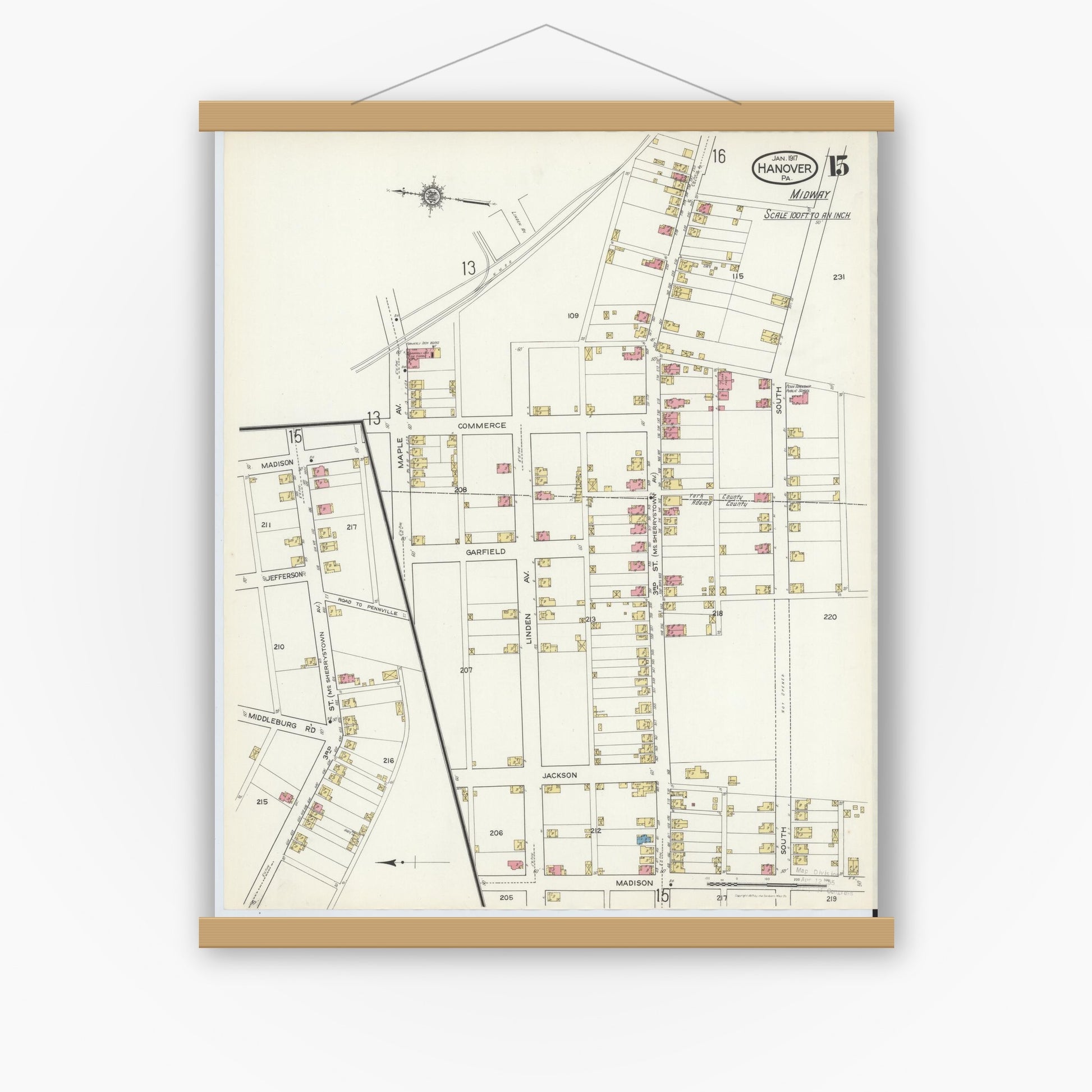 Old map wall art mockup — magnetic wood frame on white wall — Sanborn Fire Insurance Map from Hanover, York County, Pennsylvania (1917), Sheet #0015