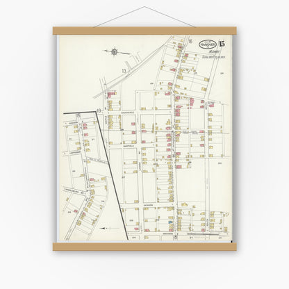 Old map wall art mockup — magnetic wood frame on white wall — Sanborn Fire Insurance Map from Hanover, York County, Pennsylvania (1917), Sheet #0015