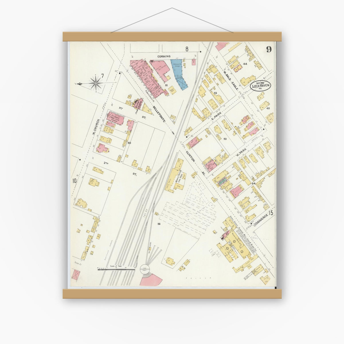 Old map wall art mockup — magnetic wood frame on white wall — Sanborn Fire Insurance Map from Lock Haven, Clinton County, Pennsylvania (1906), Sheet #0009