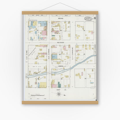 Old map wall art mockup — magnetic wood frame on white wall — Sanborn Fire Insurance Map from Austin, Travis County, Texas (1889), Sheet #0008