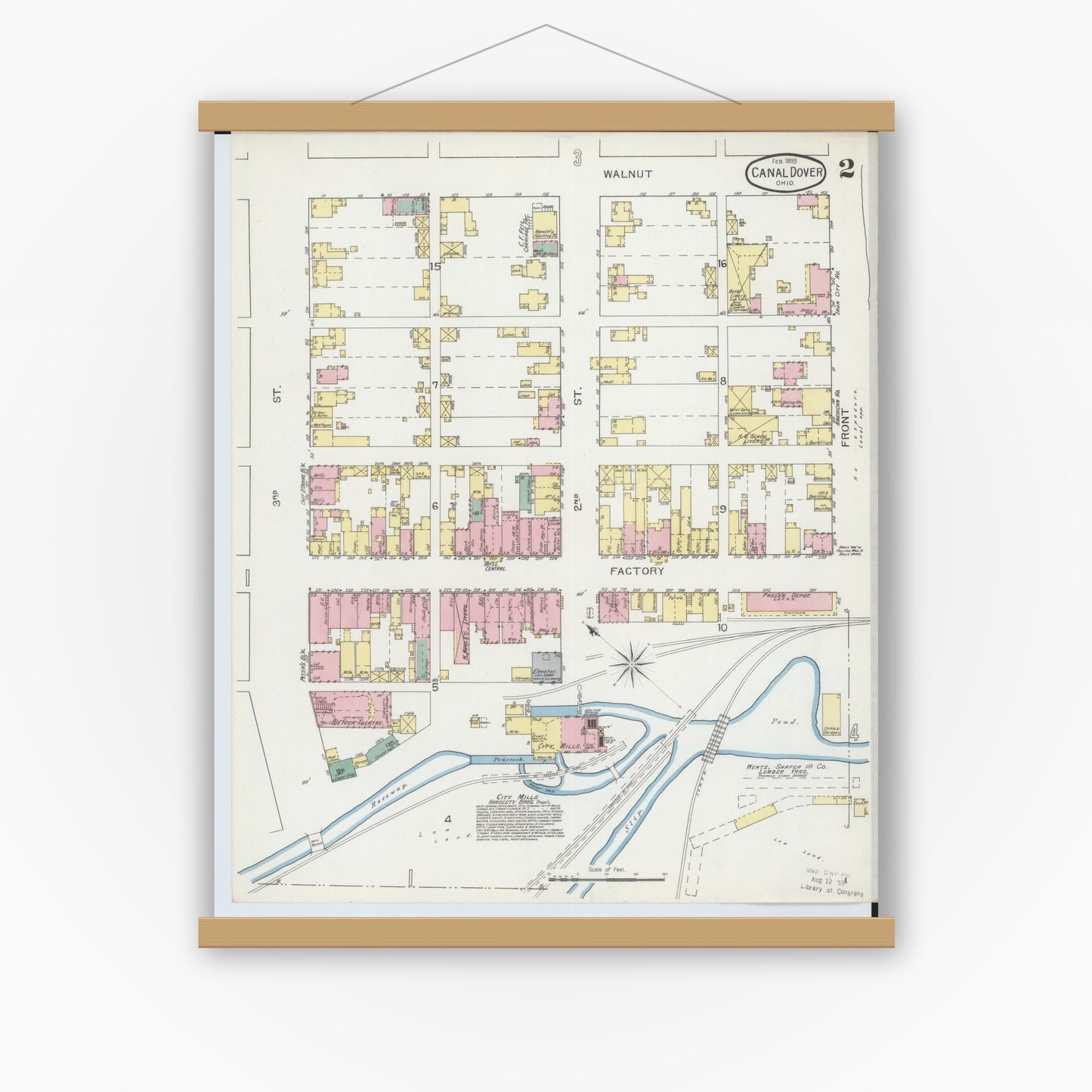 Old map wall art mockup — magnetic wood frame on white wall — Sanborn Fire Insurance Map from Canal Dover, Tuscarawas County, Ohio (1893), Sheet #0002