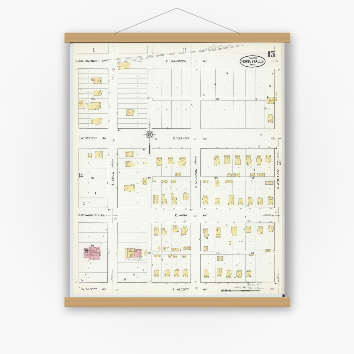 Old map wall art mockup — magnetic wood frame on white wall — Sanborn Fire Insurance Map from Fergus Falls, Otter Tail County, Minnesota (1915), Sheet #0015