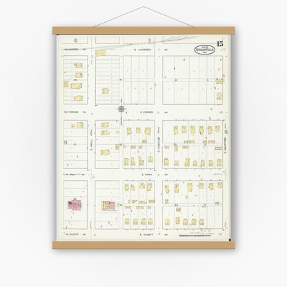 Old map wall art mockup — magnetic wood frame on white wall — Sanborn Fire Insurance Map from Fergus Falls, Otter Tail County, Minnesota (1915), Sheet #0015
