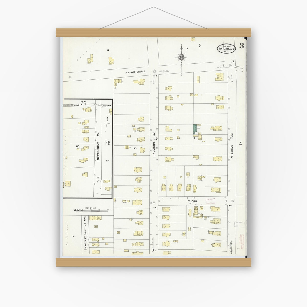Old map wall art mockup — magnetic wood frame on white wall — Sanborn Fire Insurance Map from Patchogue, Suffolk County, New York (1910), Sheet #0003