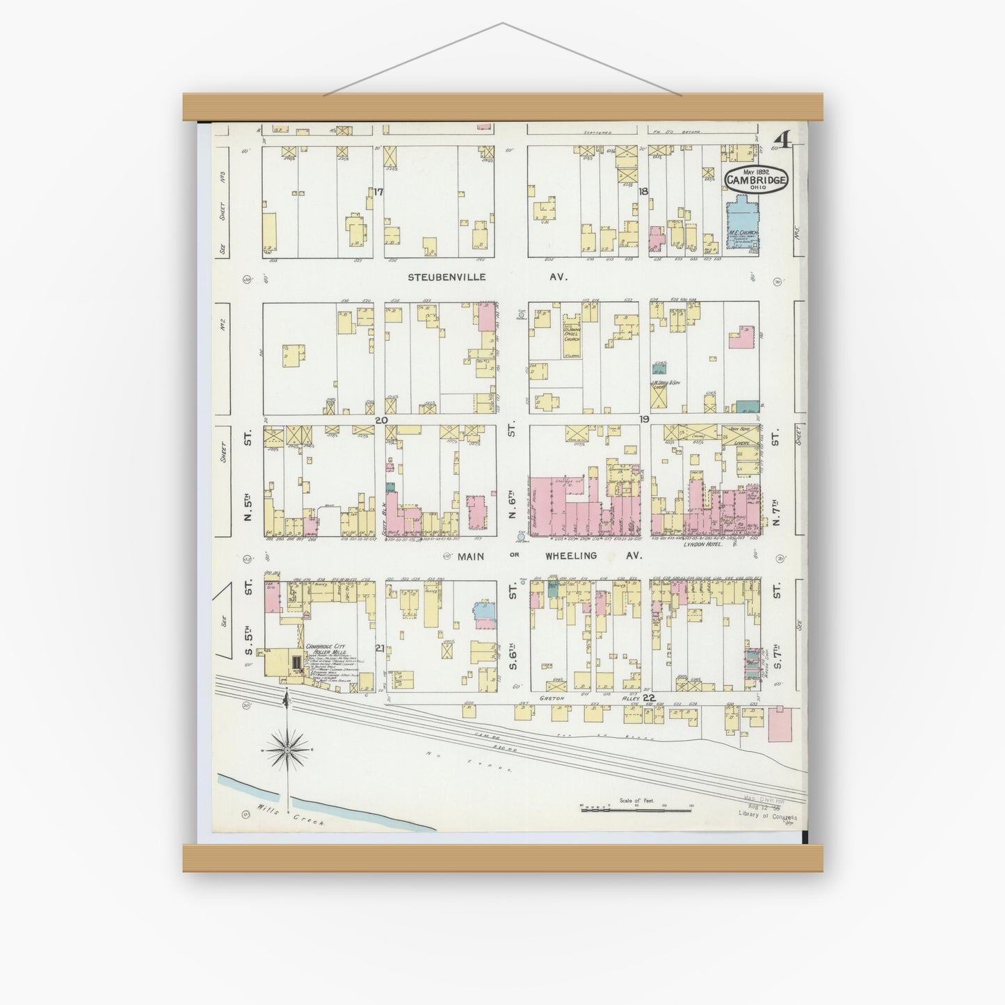 Old map wall art mockup — magnetic wood frame on white wall — Sanborn Fire Insurance Map from Cambridge, Guernsey County, Ohio (1892), Sheet #0004