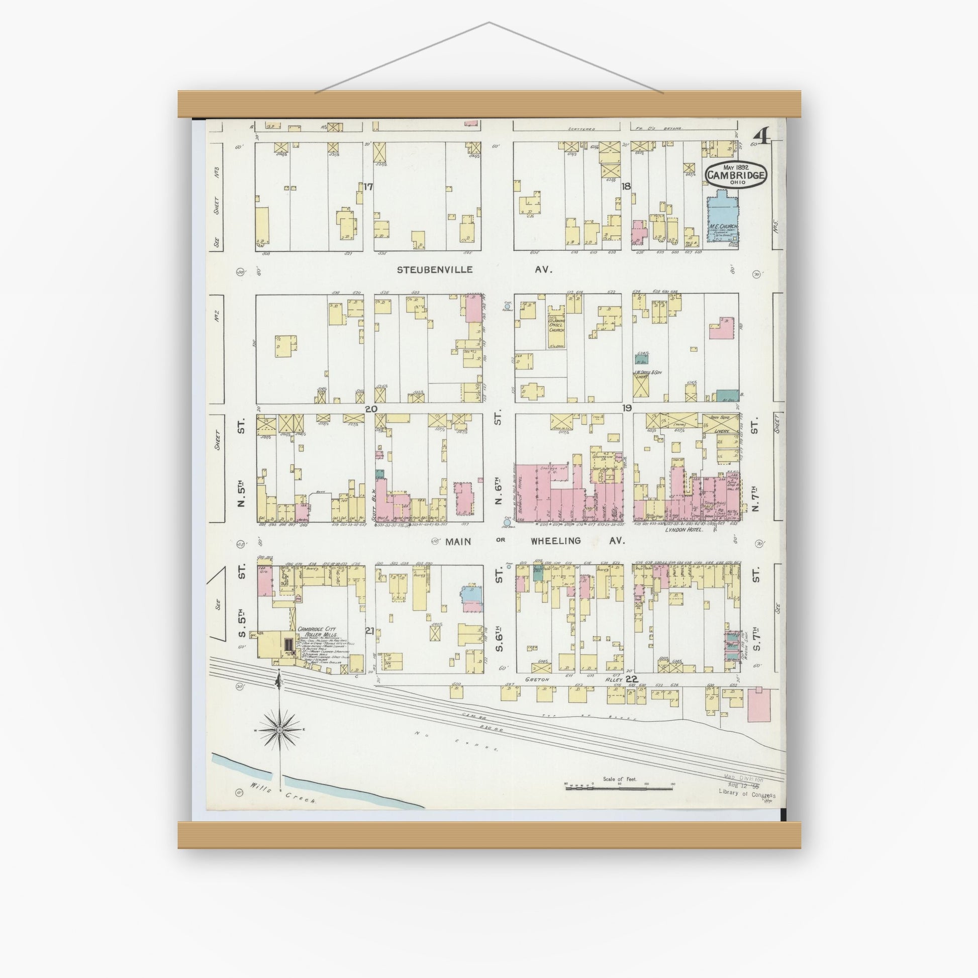 Old map wall art mockup — magnetic wood frame on white wall — Sanborn Fire Insurance Map from Cambridge, Guernsey County, Ohio (1892), Sheet #0004