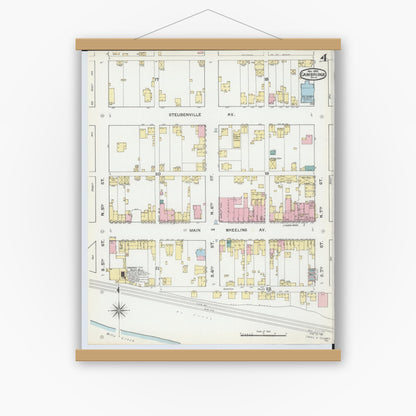 Old map wall art mockup — magnetic wood frame on white wall — Sanborn Fire Insurance Map from Cambridge, Guernsey County, Ohio (1892), Sheet #0004