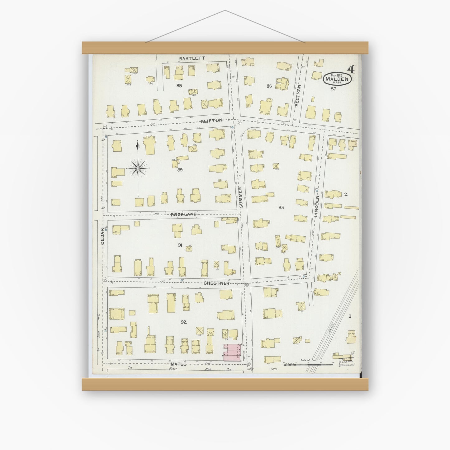 Old map wall art mockup — magnetic wood frame on white wall — Sanborn Fire Insurance Map from Malden, Middlesex County, Massachusetts (1892), Sheet #0004
