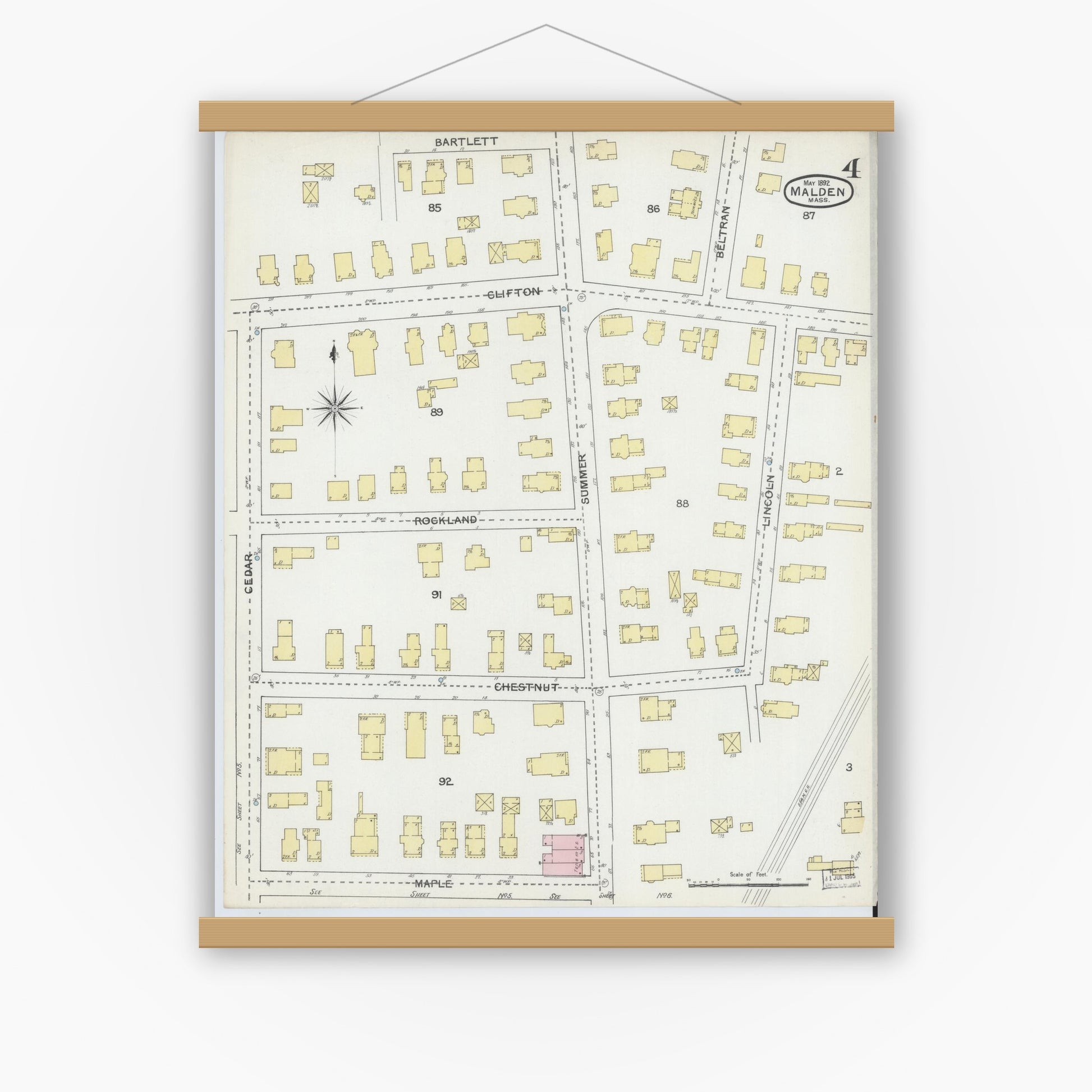 Old map wall art mockup — magnetic wood frame on white wall — Sanborn Fire Insurance Map from Malden, Middlesex County, Massachusetts (1892), Sheet #0004
