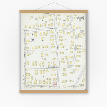 Old map wall art mockup — magnetic wood frame on white wall — Sanborn Fire Insurance Map from Malden, Middlesex County, Massachusetts (1892), Sheet #0004