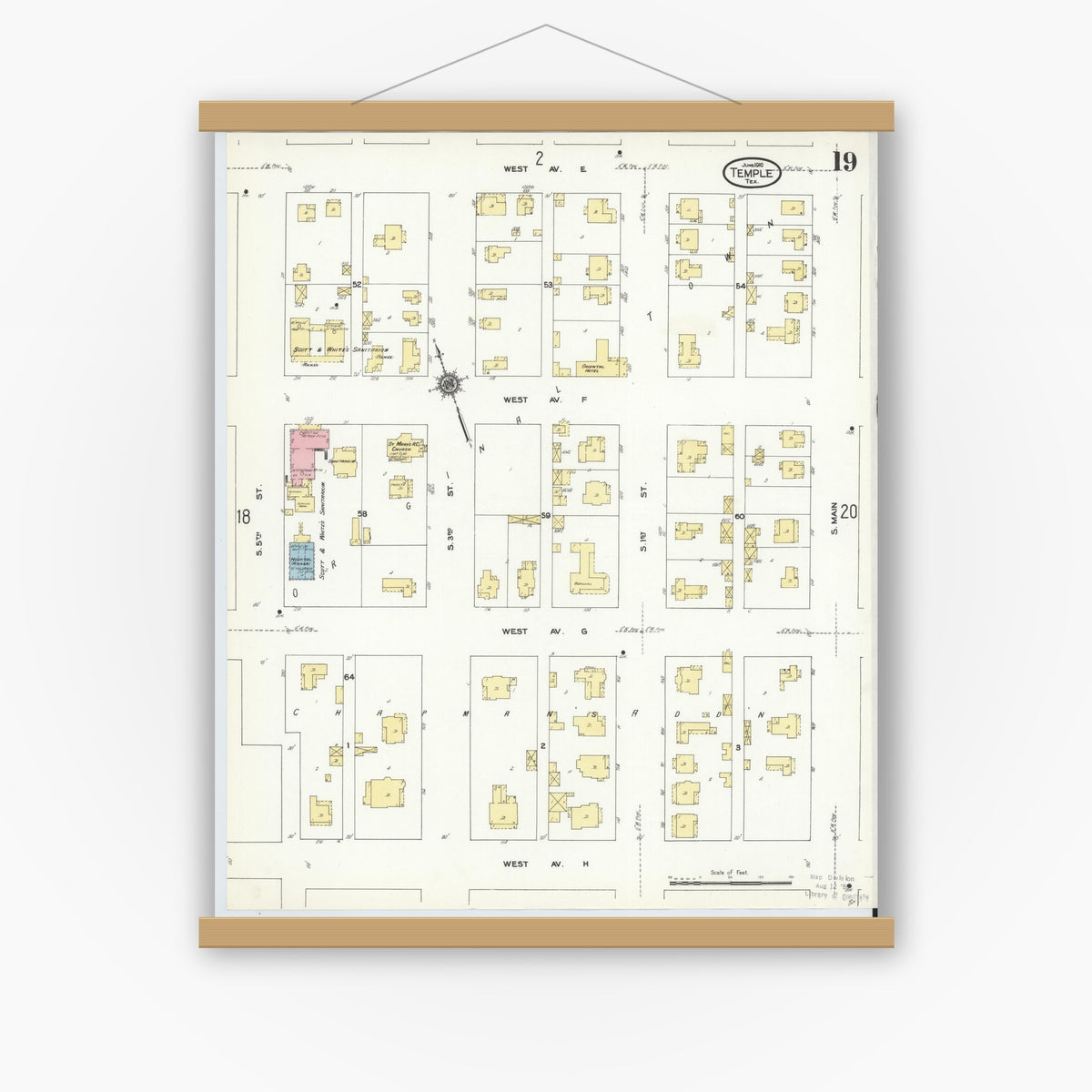 Old map wall art mockup — magnetic wood frame on white wall — Sanborn Fire Insurance Map from Temple, Bell County, Texas (1910), Sheet #0019
