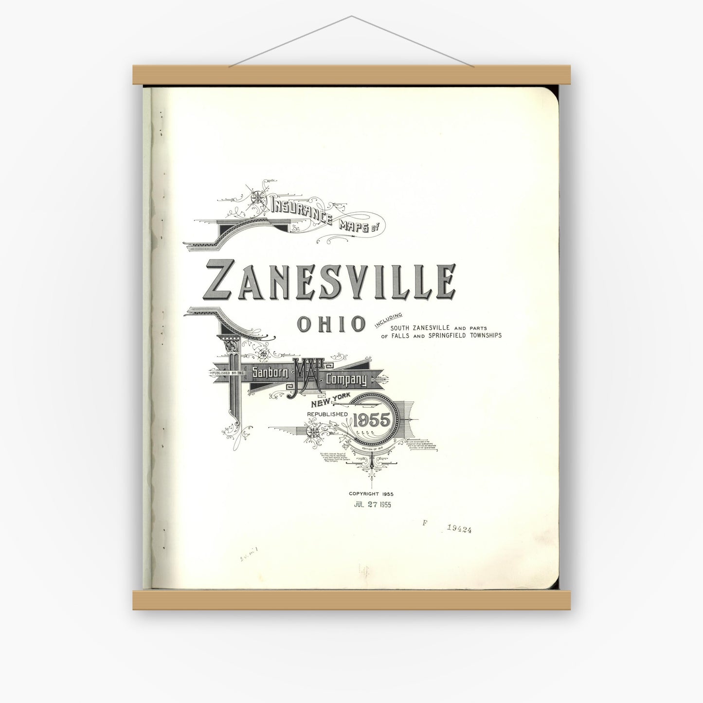 Old map wall art mockup — magnetic wood frame on white wall — Sanborn Fire Insurance Map from Zanesville, Muskingum County, Ohio (1955), Sheet #0001