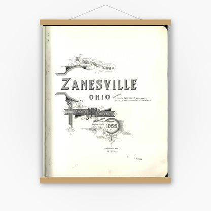 Old map wall art mockup — magnetic wood frame on white wall — Sanborn Fire Insurance Map from Zanesville, Muskingum County, Ohio (1955), Sheet #0001