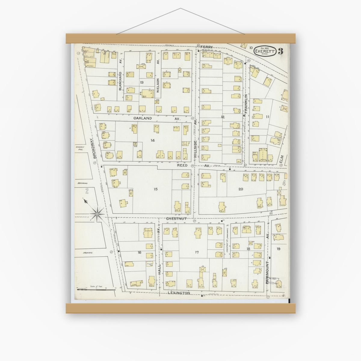 Old map wall art mockup — magnetic wood frame on white wall — Sanborn Fire Insurance Map from Everett, Middlesex County, Massachusetts (1892), Sheet #0003