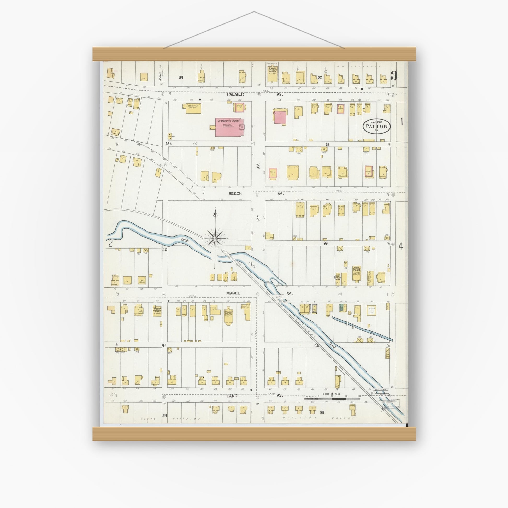 Old map wall art mockup — magnetic wood frame on white wall — Sanborn Fire Insurance Map from Patton, Cambria County, Pennsylvania (1903), Sheet #0003