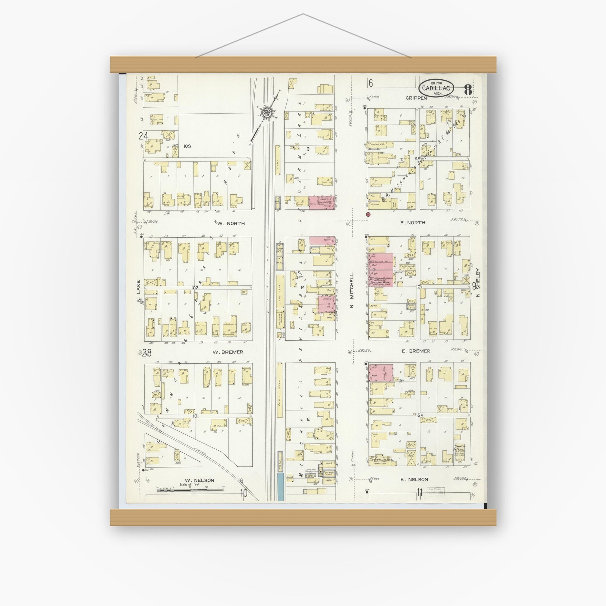 Old map wall art mockup — magnetic wood frame on white wall — Sanborn Fire Insurance Map from Cadillac, Wexford County, Michigan (1914), Sheet #0008