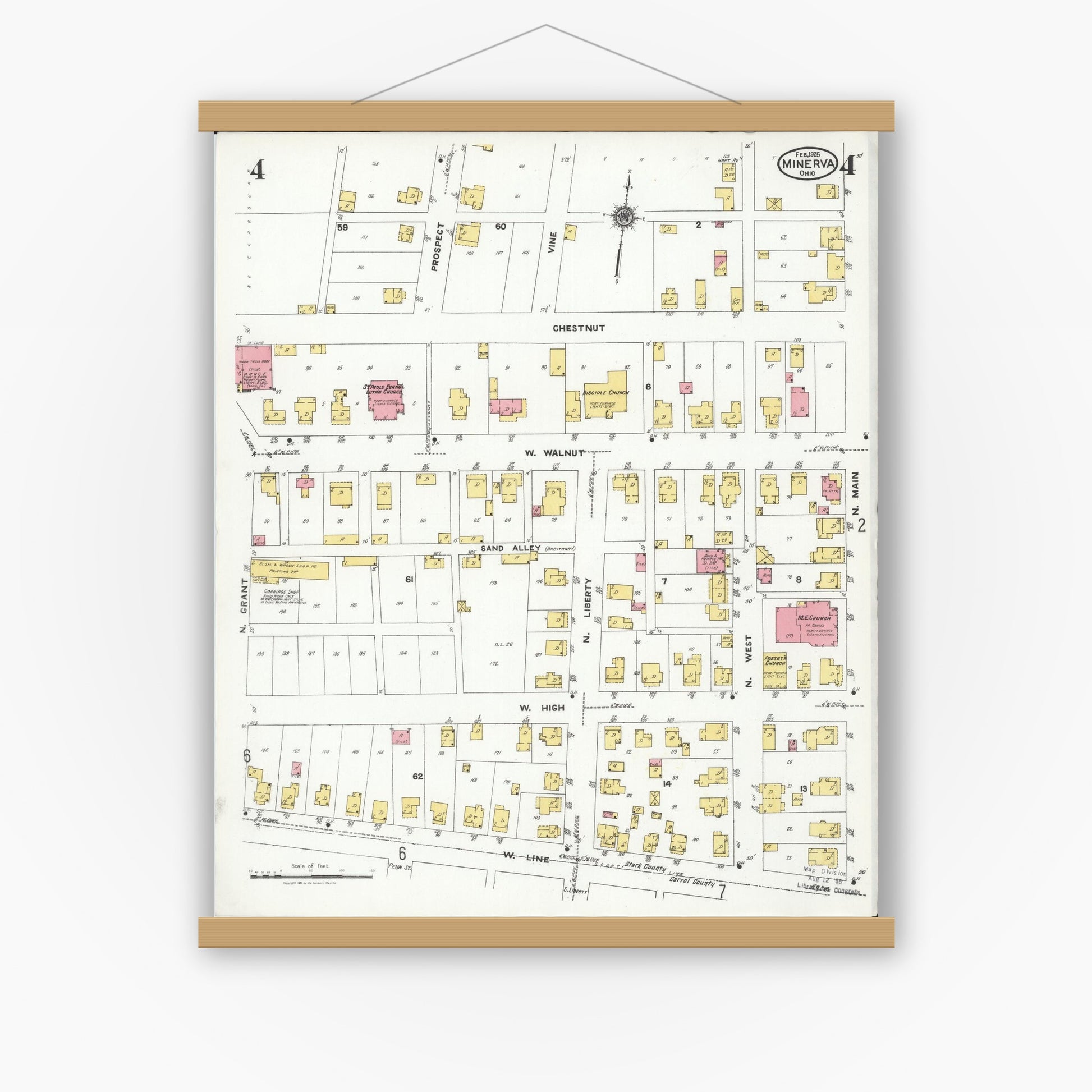 Old map wall art mockup — magnetic wood frame on white wall — Sanborn Fire Insurance Map from Minerva, Stark And Carroll Counties, Ohio (1925), Sheet #0004
