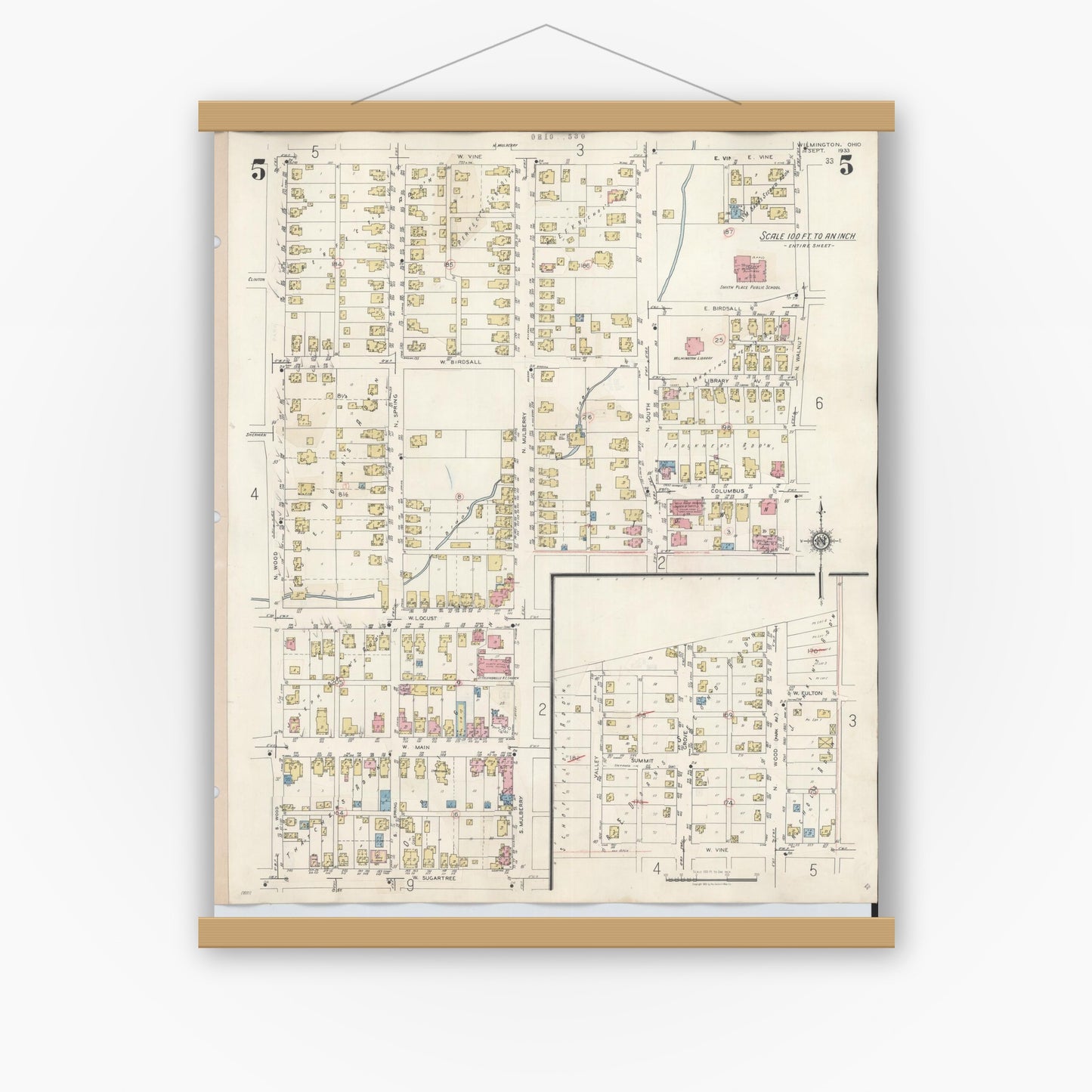 Old map wall art mockup — magnetic wood frame on white wall — Sanborn Fire Insurance Map from Wilmington, Clinton County, Ohio (1949), Sheet #0005