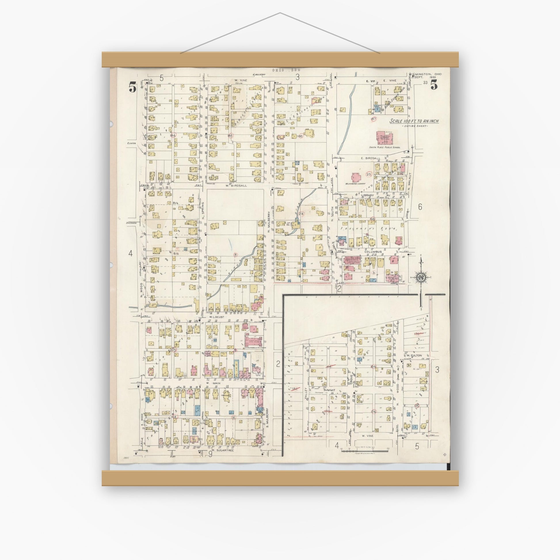 Old map wall art mockup — magnetic wood frame on white wall — Sanborn Fire Insurance Map from Wilmington, Clinton County, Ohio (1949), Sheet #0005