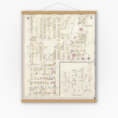 Old map wall art mockup — magnetic wood frame on white wall — Sanborn Fire Insurance Map from Wilmington, Clinton County, Ohio (1949), Sheet #0005