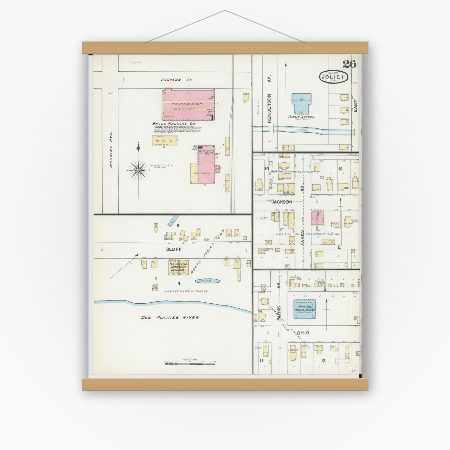 Old map wall art mockup — magnetic wood frame on white wall — Sanborn Fire Insurance Map from Joliet, Will County, Illinois (1891), Sheet #0026