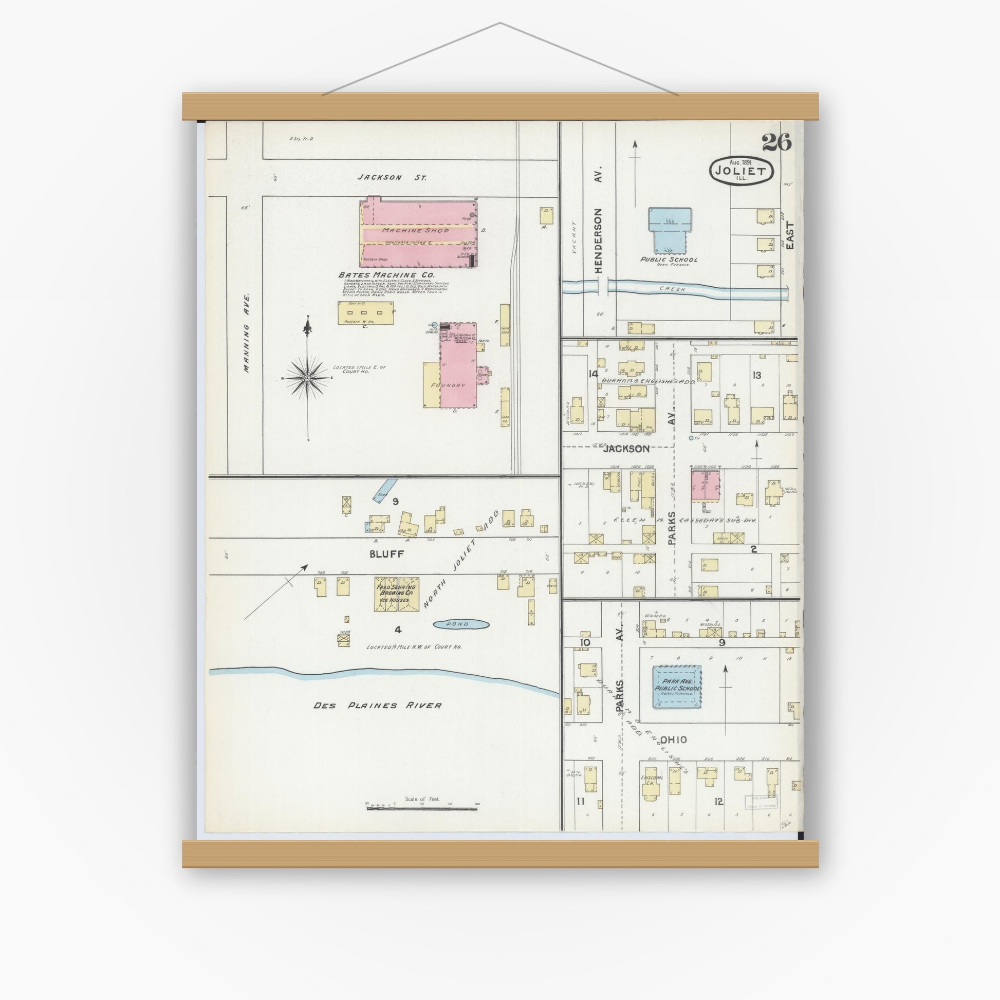 Old map wall art mockup — magnetic wood frame on white wall — Sanborn Fire Insurance Map from Joliet, Will County, Illinois (1891), Sheet #0026