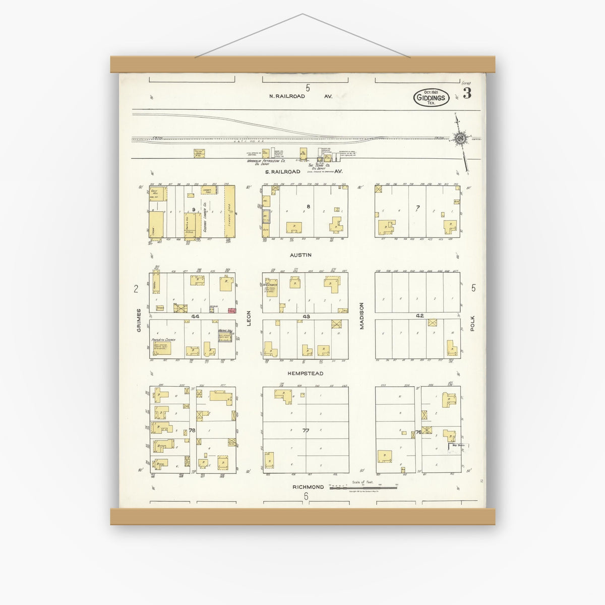 Old map wall art mockup — magnetic wood frame on white wall — Sanborn Fire Insurance Map from Giddings, Lee County, Texas (1921), Sheet #0003