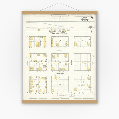 Old map wall art mockup — magnetic wood frame on white wall — Sanborn Fire Insurance Map from Giddings, Lee County, Texas (1921), Sheet #0003