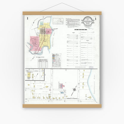 Old map wall art mockup — magnetic wood frame on white wall — Sanborn Fire Insurance Map from Tappahannock, Essex County, Virginia (1949) - Complete Map Set