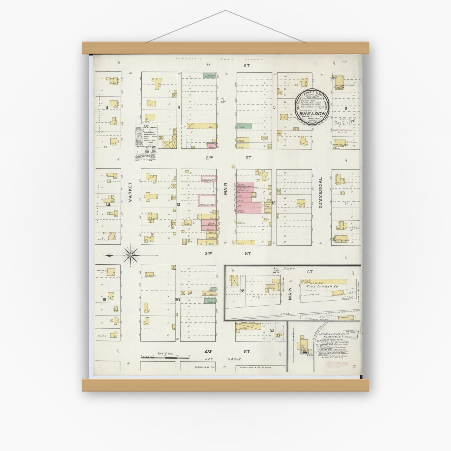 Old map wall art mockup — magnetic wood frame on white wall — Sanborn Fire Insurance Map from Sheldon, Vernon County, Missouri (1894), Sheet #0001