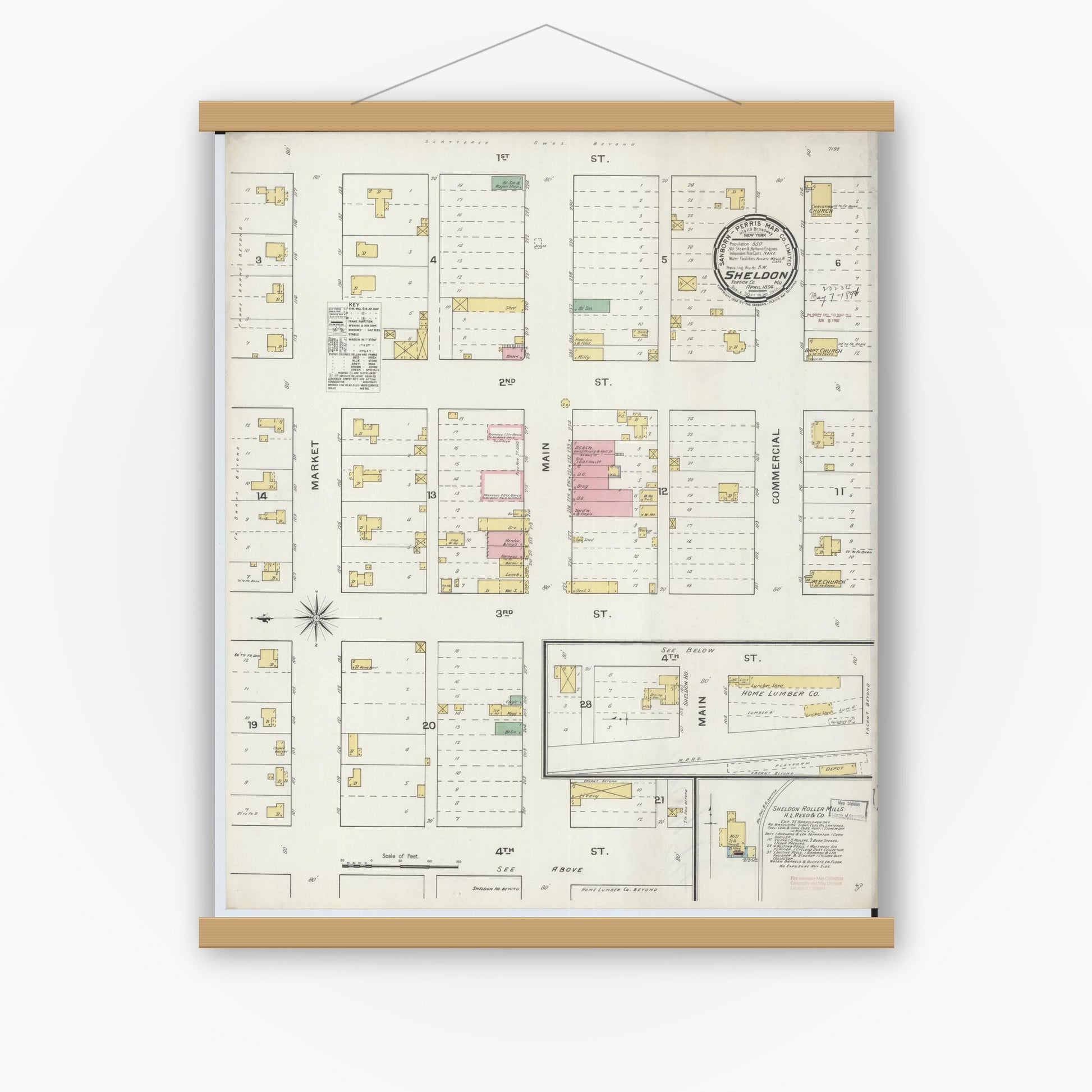 Old map wall art mockup — magnetic wood frame on white wall — Sanborn Fire Insurance Map from Sheldon, Vernon County, Missouri (1894), Sheet #0001