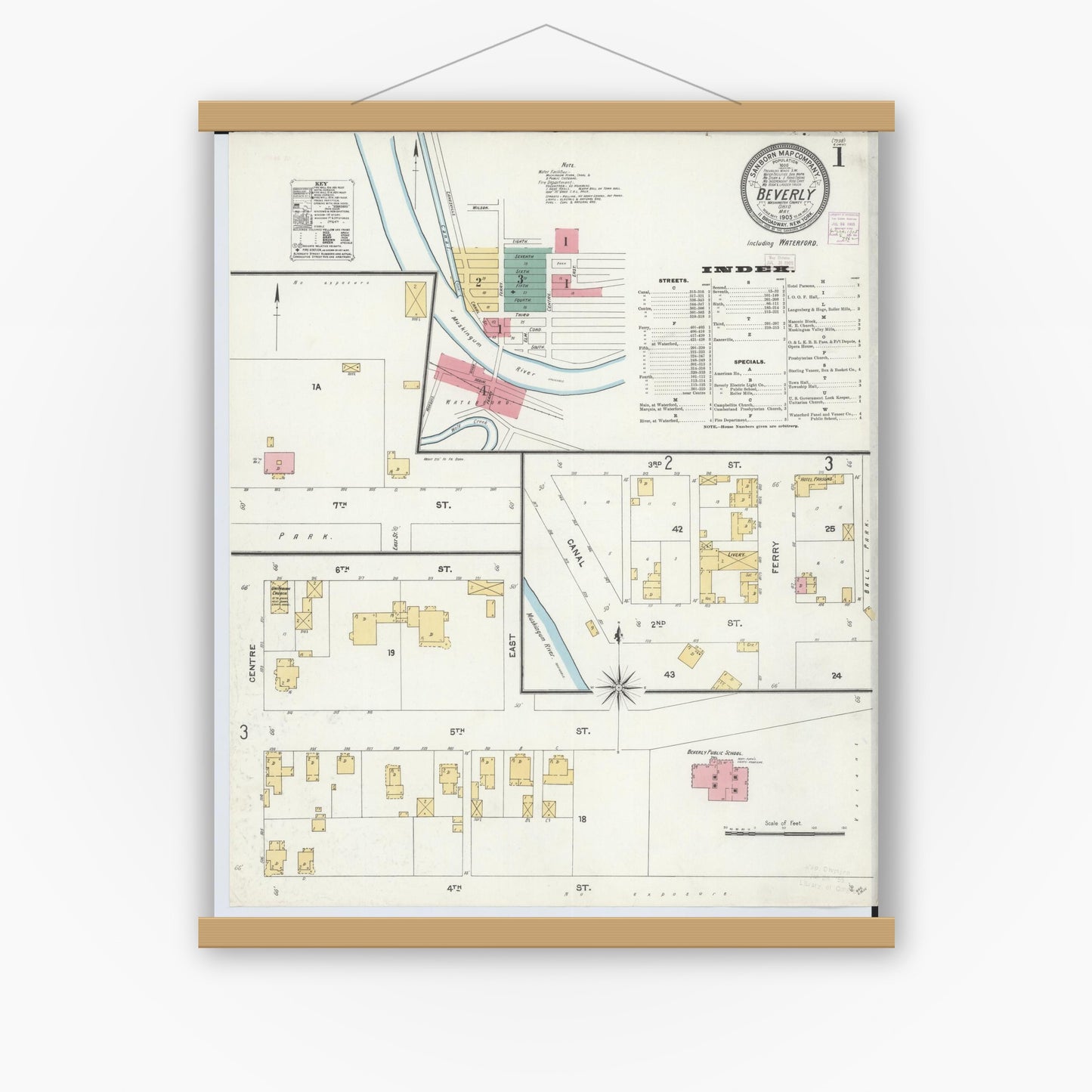 Old map wall art mockup — magnetic wood frame on white wall — Sanborn Fire Insurance Map from Beverly, Washington County, Ohio (1905), Sheet #0001