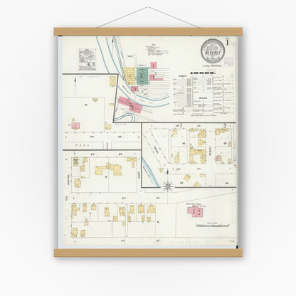 Old map wall art mockup — magnetic wood frame on white wall — Sanborn Fire Insurance Map from Beverly, Washington County, Ohio (1905), Sheet #0001