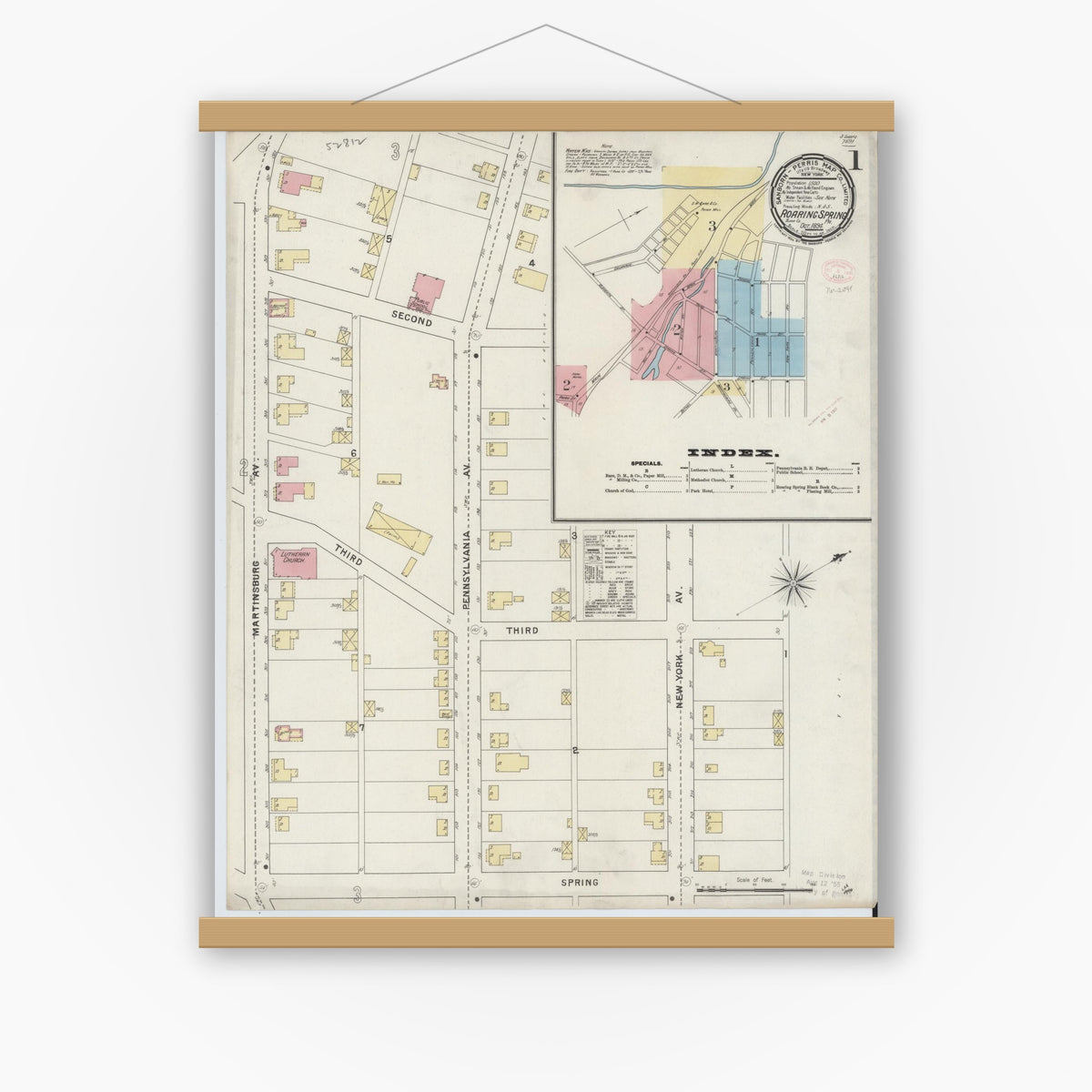 Old map wall art mockup — magnetic wood frame on white wall — Sanborn Fire Insurance Map from Roaring Spring, Blair County, Pennsylvania (1894), Sheet #0001