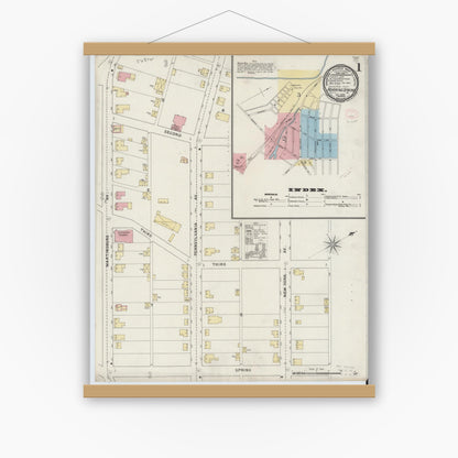 Old map wall art mockup — magnetic wood frame on white wall — Sanborn Fire Insurance Map from Roaring Spring, Blair County, Pennsylvania (1894), Sheet #0001