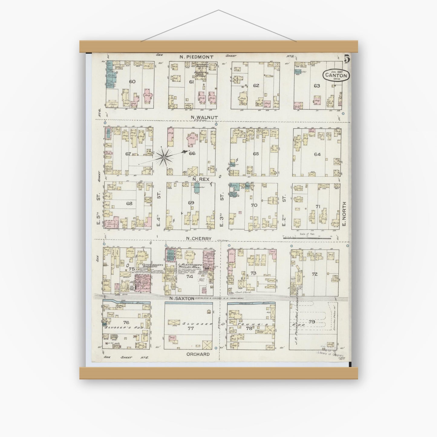 Old map wall art mockup — magnetic wood frame on white wall — Sanborn Fire Insurance Map from Canton, Stark County, Ohio (1887), Sheet #0005