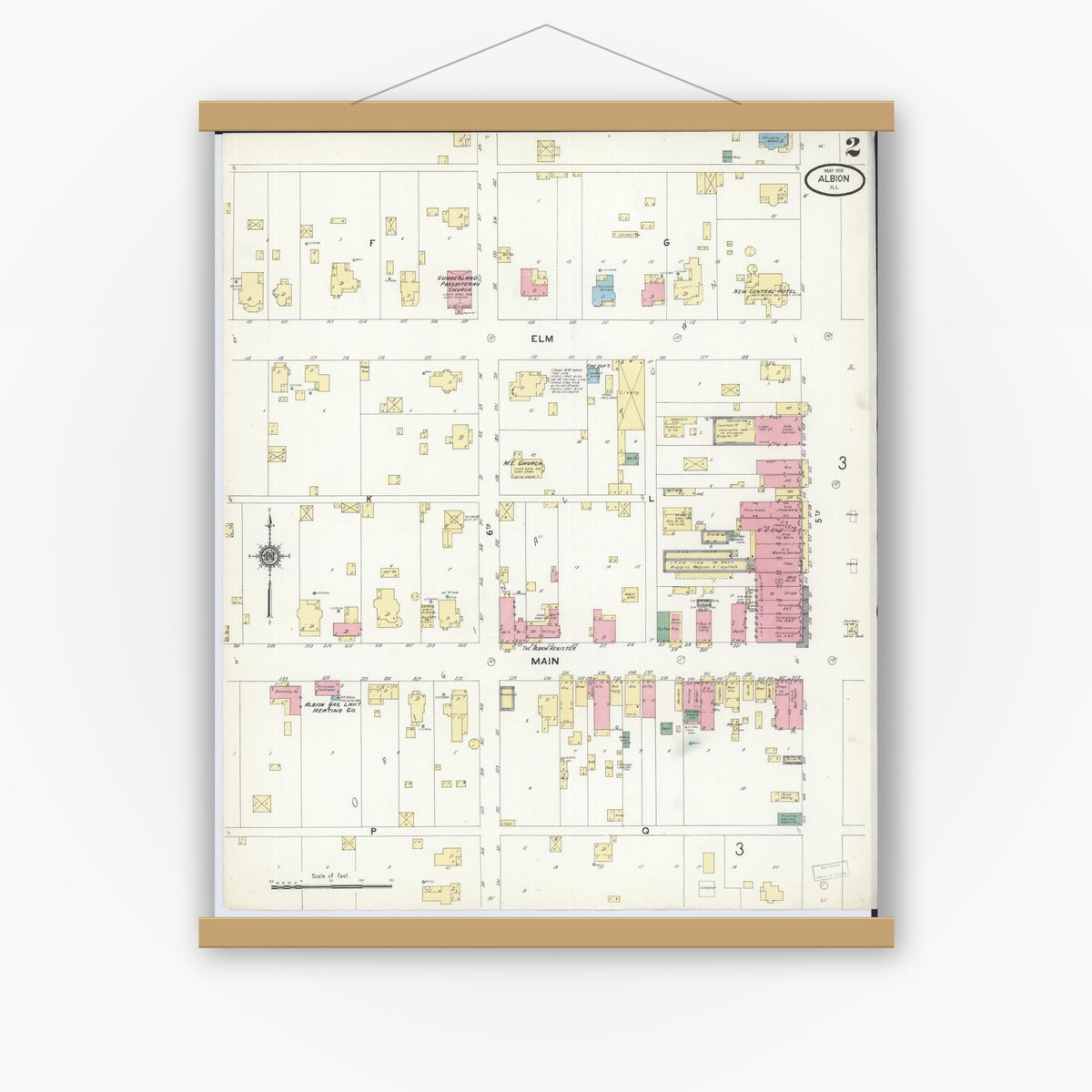 Old map wall art mockup — magnetic wood frame on white wall — Sanborn Fire Insurance Map from Albion, Edwards County, Illinois (1910), Sheet #0002