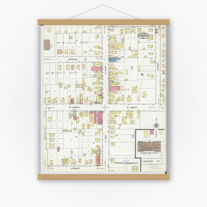 Old map wall art mockup — magnetic wood frame on white wall — Sanborn Fire Insurance Map from Hubbard, Trumbull County, Ohio (1921), Sheet #0002