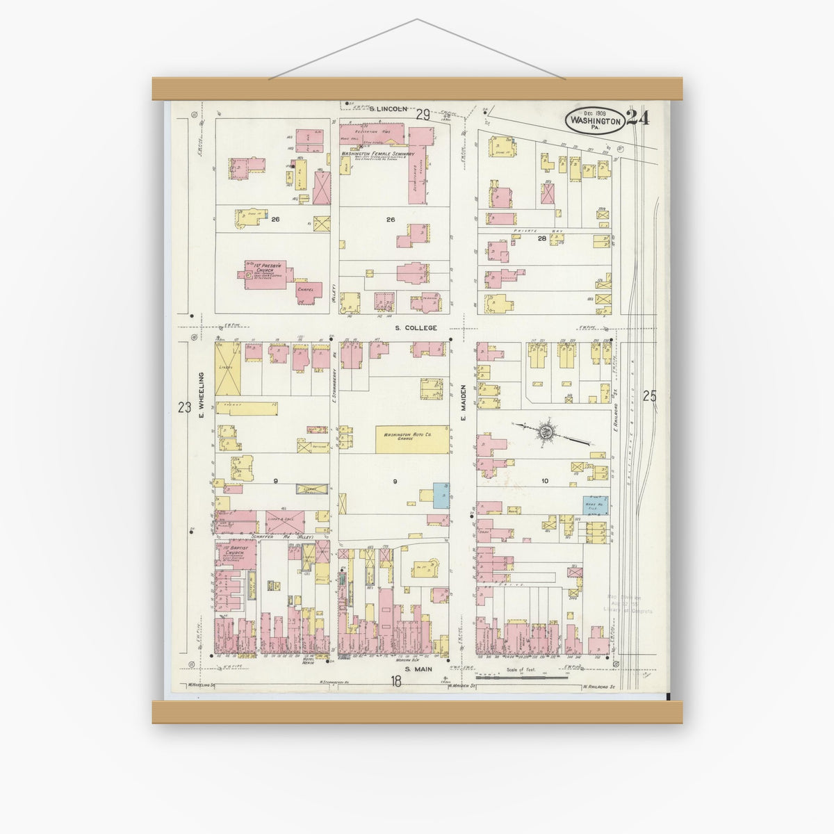 Old map wall art mockup — magnetic wood frame on white wall — Sanborn Fire Insurance Map from Washington, Washington County, Pennsylvania (1909), Sheet #0024