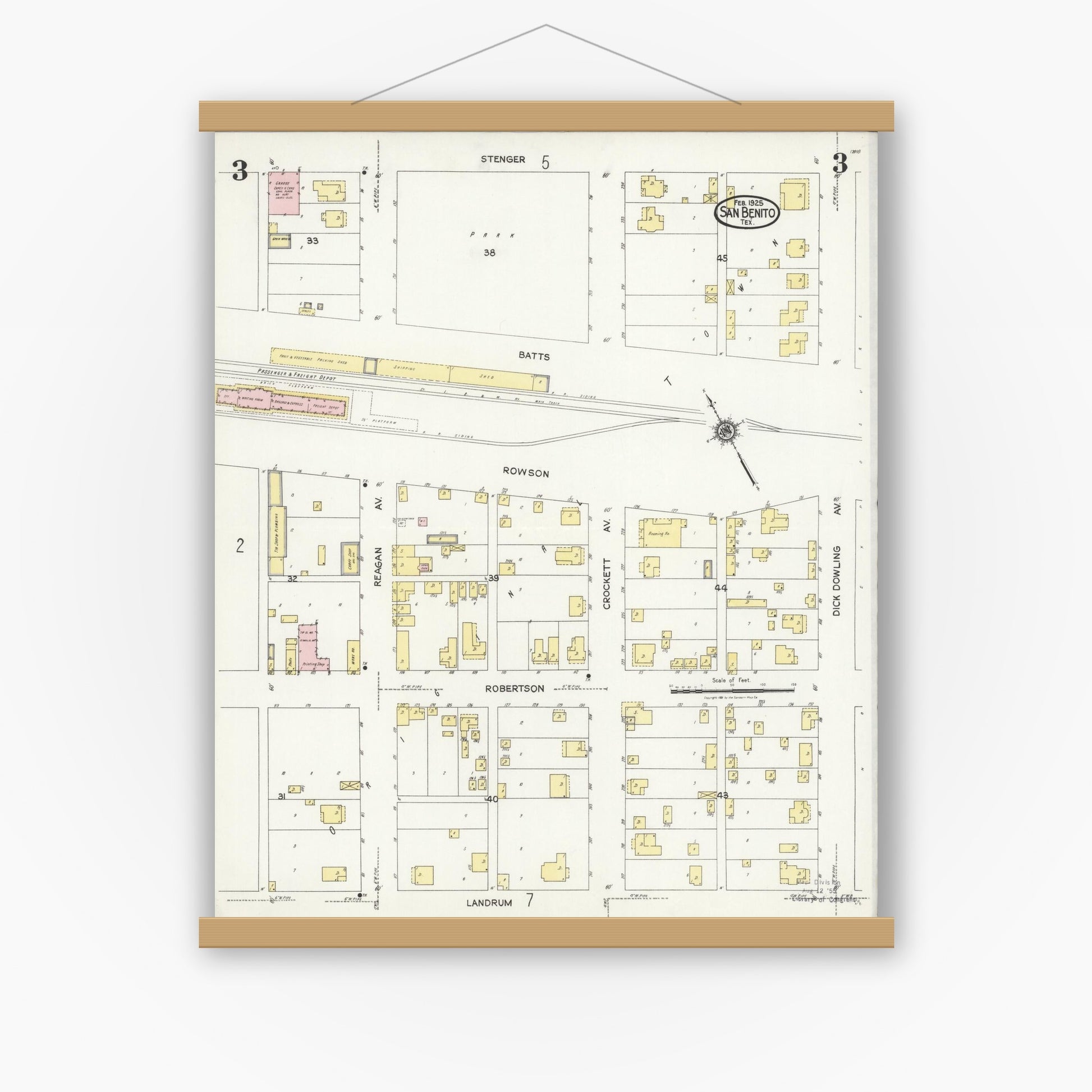Old map wall art mockup — magnetic wood frame on white wall — Sanborn Fire Insurance Map from San Benito, Cameron County, Texas (1925), Sheet #0003