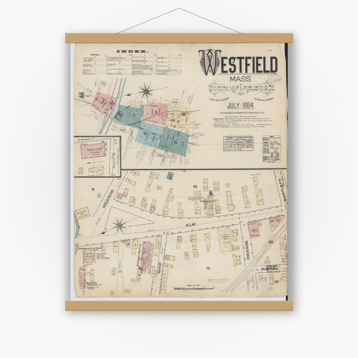 Old map wall art mockup — magnetic wood frame on white wall — Sanborn Fire Insurance Map from Westfield, Hampden County, Massachusetts (1884) - Complete Map Set